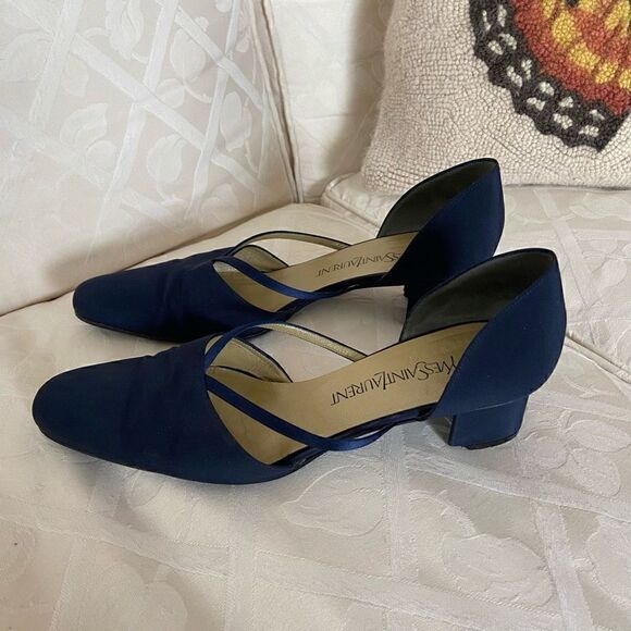 YSL Yves Saint Laurent 90s Blue Satin Block Heels - Picture 10 of 16